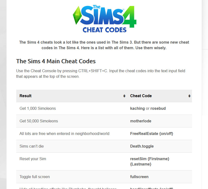the sims cheat codes