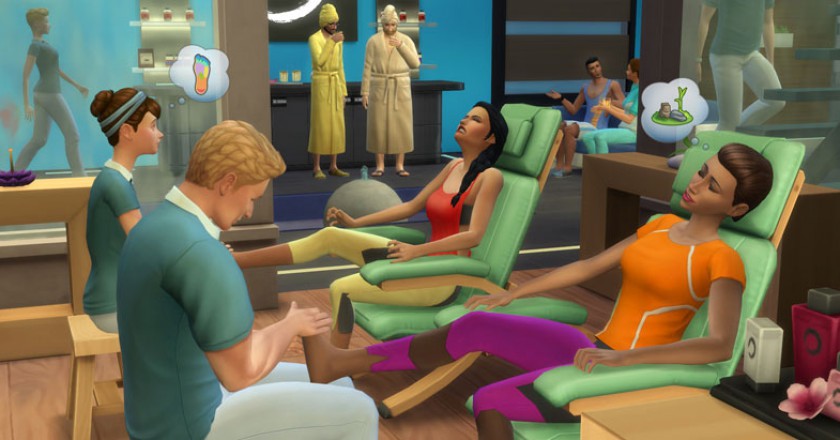 Sims 4 Spa Day massage chair, yoga outfit screenshot
