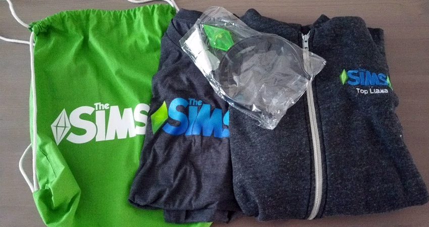 Goodies that where giving away during Gamescom 2016 (bag, t-shirt, hoodie and a Plumbob headband)