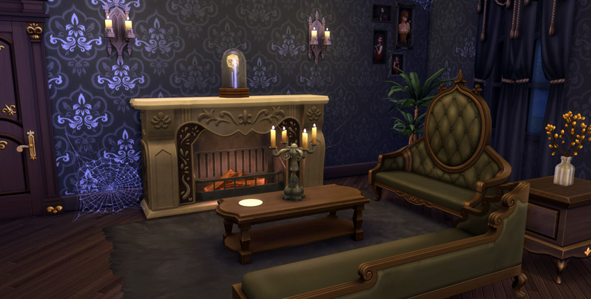 Living room with a highly detailed fireplace.